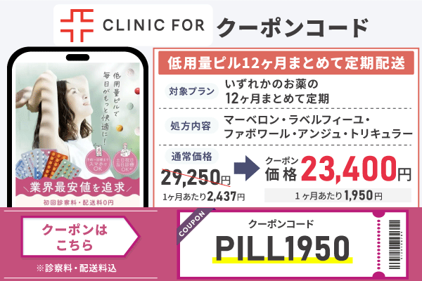 クリニックフォアの低用量ピルのクーポンや適用内容についての図解